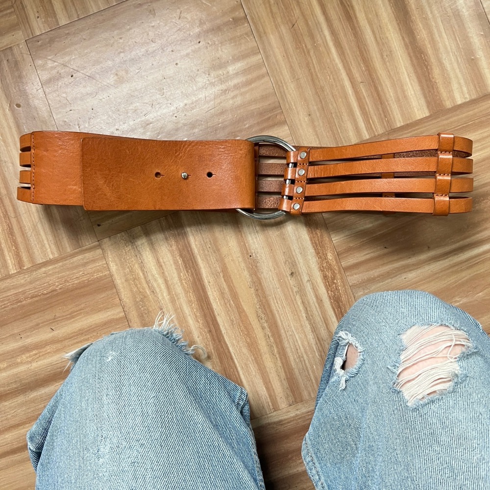 Vintage Banana Republic Cage Belt Large Brown Leather O-Ring Boho Y2K Wide Thick - Picture 4 of 9
